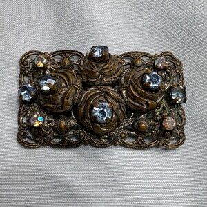 1930’s Aurora Boralis Crystal Rose Bud Filigree Brooch